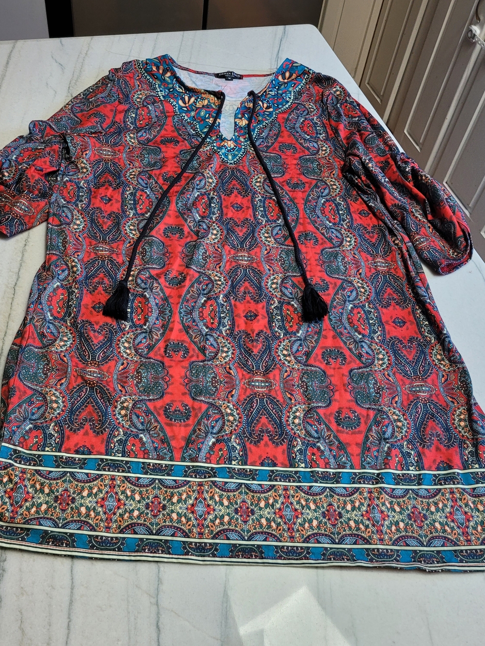 Printed Red Paisley Tie-Neck Tunic Top